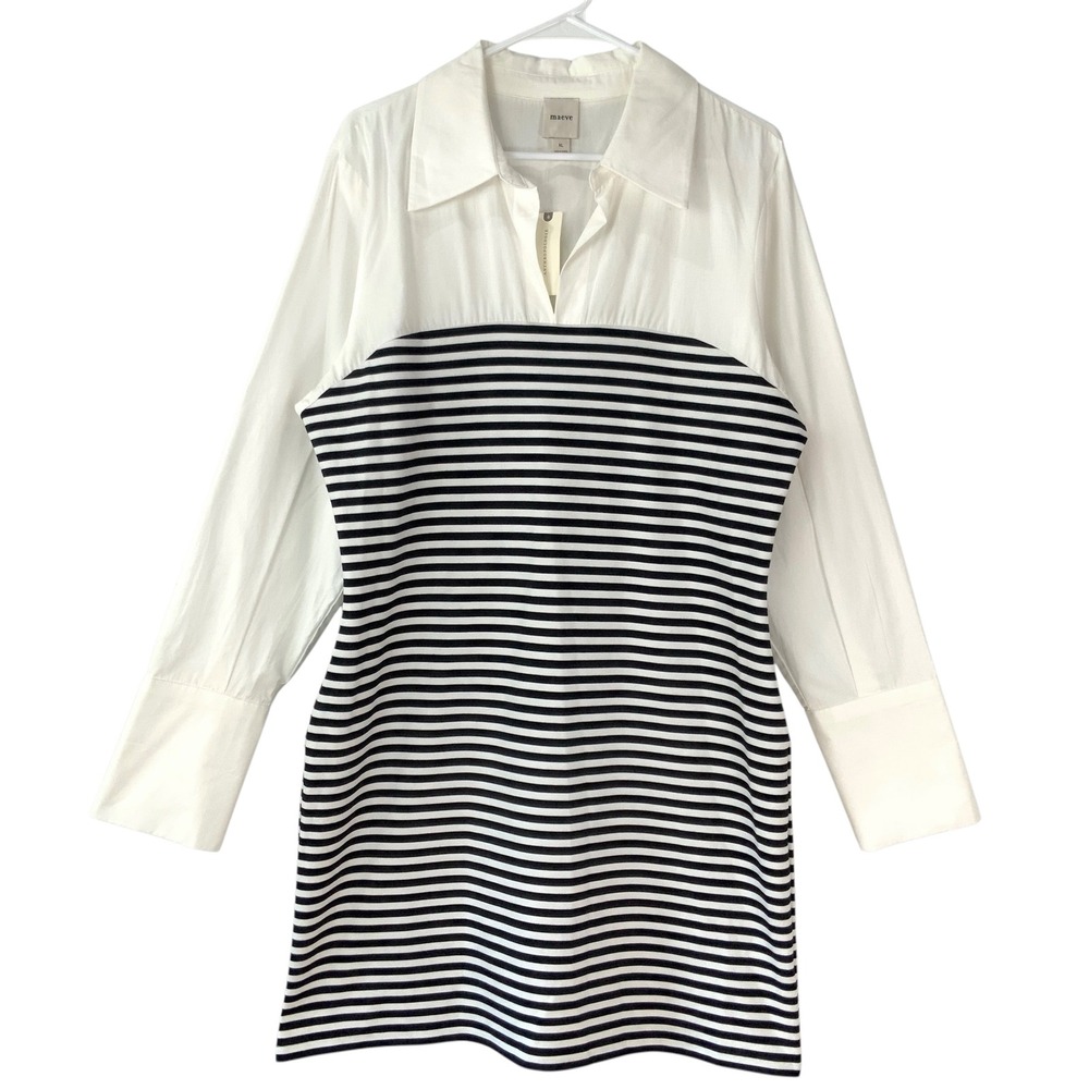 Maeve Anthropologie White Black Striped Shirt Dress XL Collar V-Neck Long Sleeve